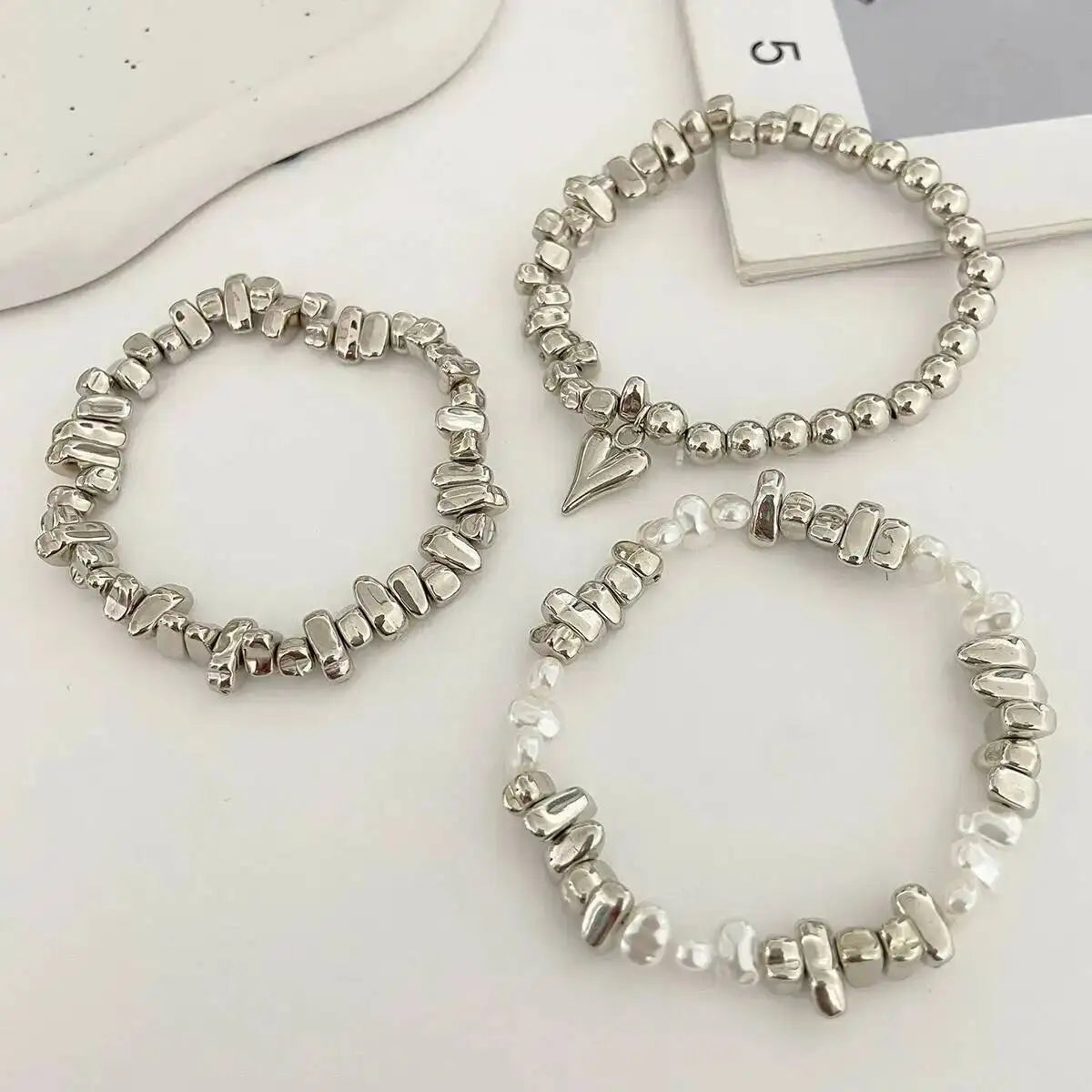 3pcs/set Fashion Irregular CCB Beads Chain Heart Pendant Bracelet Women Vintage Imitation Pearl Bangle Jewelry Gift