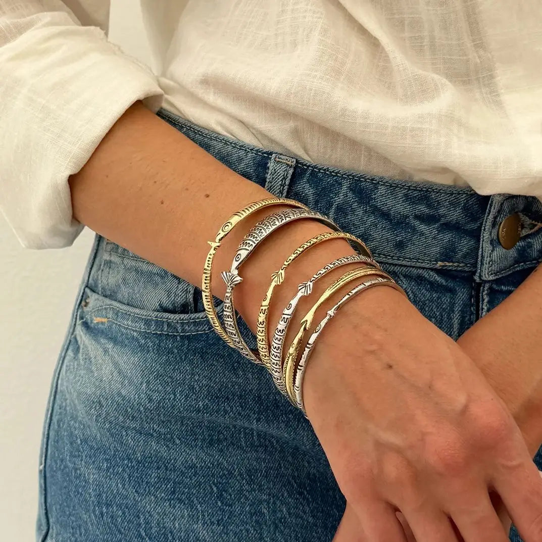 6 Pcs/Set Vintage Fish Pattern Metal Bangle Stack Women's Ethnic Style Bracelet Party Accessory Couple Matching Jewelry