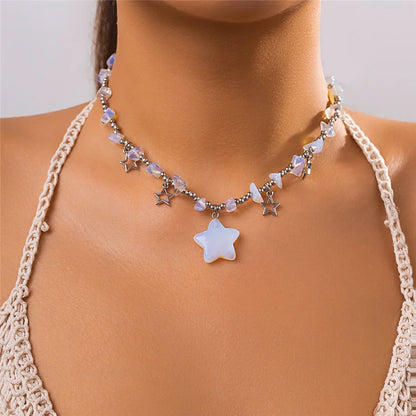 Boho Colorful Irregular Stone Hollow Star Pendant Choker Necklace Women Summer Goth Beads Chain Y2K Jewelry Accessories