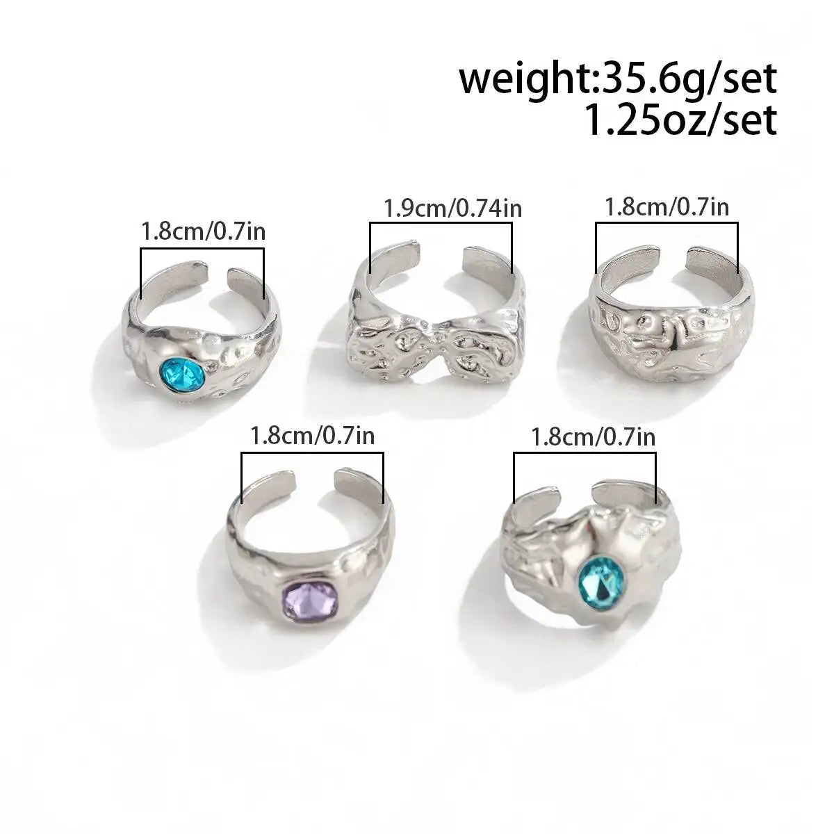 Ingemark 5 Pcs/Set Punk Colorful Acrylic Rhinestone Adjustable Open Ring for Men Hip Hop Retro Geometry Chunky Ring Male Jewelry