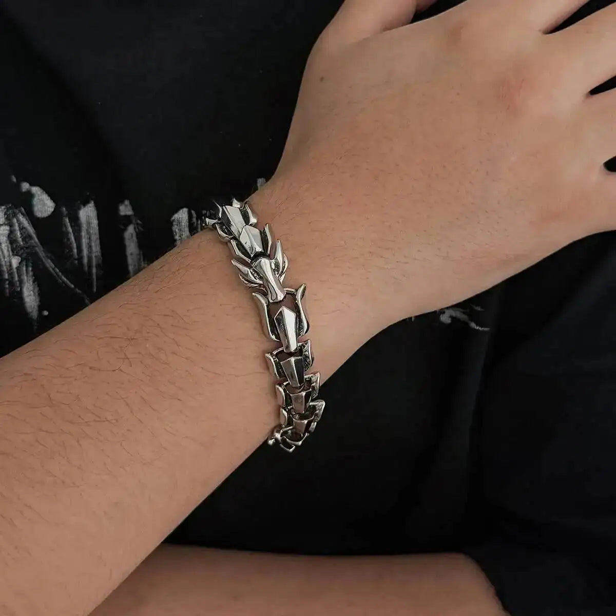 Ingemark Punk Style Keel Dragon Chunky Bracelet for Men Personality Gothic Silver Color Metal Open Bangles Jewelry Accessories