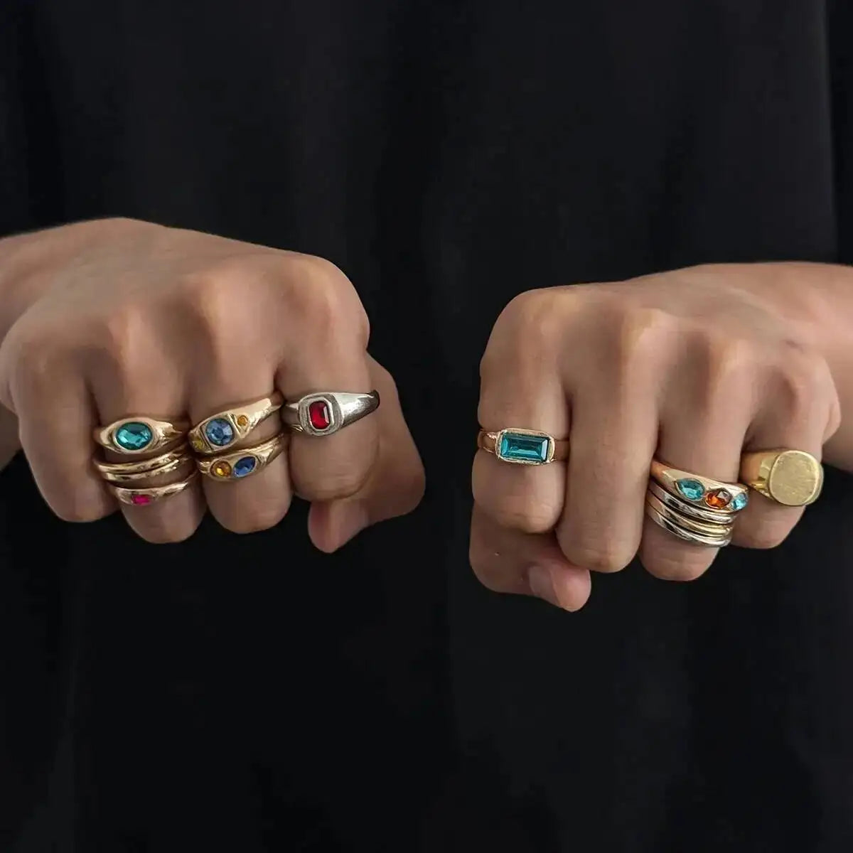Ingemark 13 Pcs/Set Punk Inlay Colorful Rhinestones Ring for Men Trendy Metal Open Adjustable Rings Stacktable Finger Jewelry