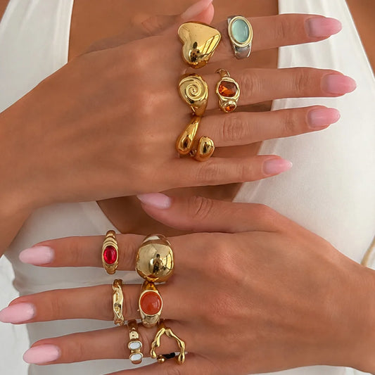 Ingemark 11 Pcs/Set Elegant Colorful Acrylic Resin Open Rings for Women Vintage Glossy Irregular Heart Shaped Adjustable Ring