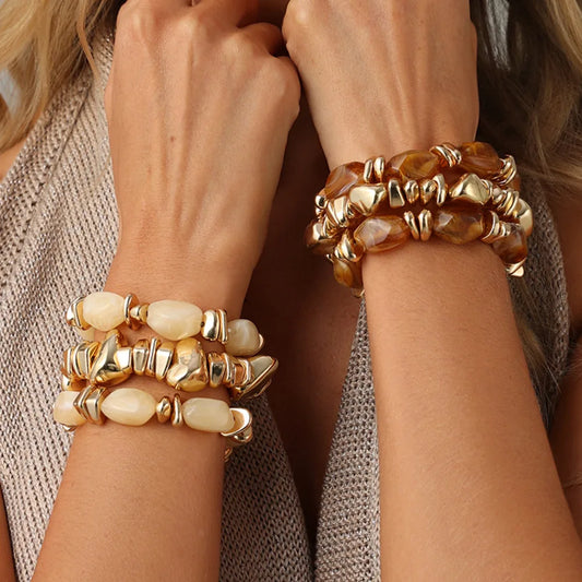 Ingemark 3Pcs/Set Baroque Acrylic Resin Beaded Bracelet for Women Vintage Boho Stacked Elastic Bangles Charm Jewelry Accessories