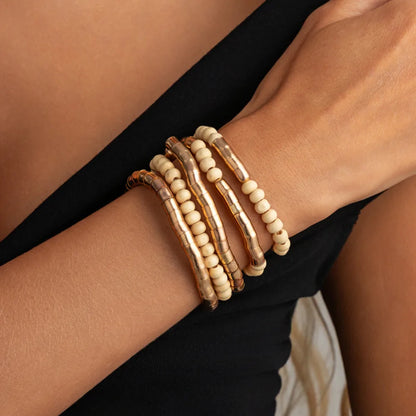 Ingemark 5 Pcs/Set Vintage Wood Beaded Elastic Bracelet for Women Classic Layering Bracelets Charm Bangles Hand Jewelry Gifts