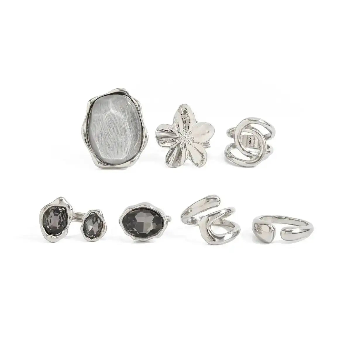 Ingemark 7Pcs Stylish Rhinestone Open Rings Set for Women Retro Gothic Stackable Big Flower Adjustable Finger Ring Jewelry Gifts