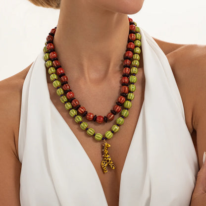 Ingemark 2Pcs/Set Trendy Red Greend Ceramics Beaded Chokers Necklace Women Vintage Stacked Giraffe Pendant Necklace Boho Jewelry