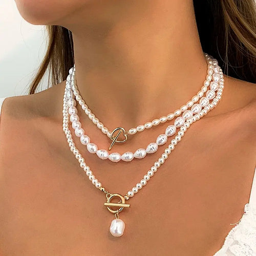Ingemark Vintage Imitation-Pearl Heart OT Buckle Pendant Necklace Women Wedding Bridal Bead Chain Neck Accessories Jewelry New