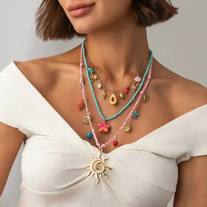 Ingemark 3 Pcs/Set Cute Starfish Conch Crayfish Sun Pendant Necklace for Women Summer Beach Beads Chain Choker Y2K Jewelry Gifts