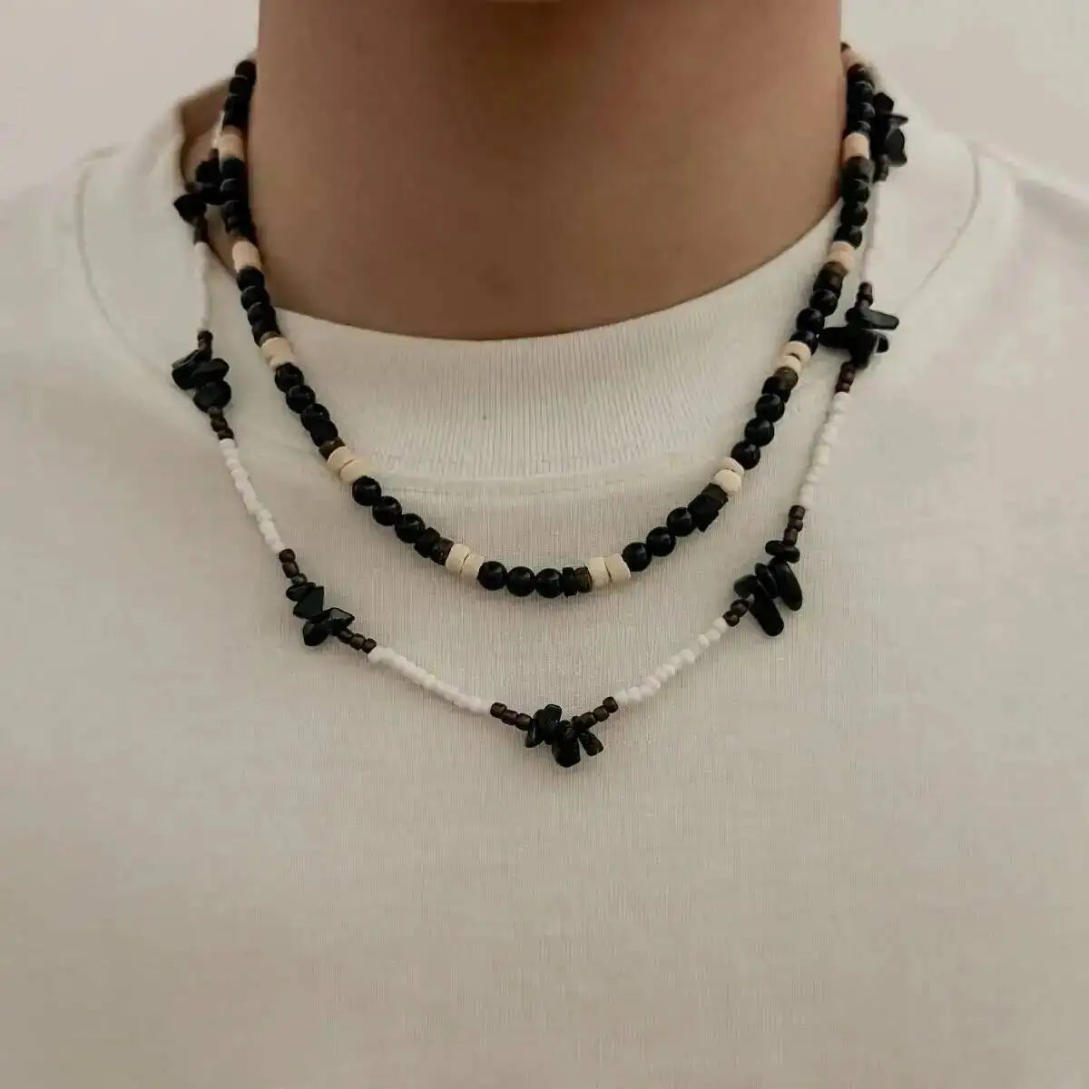 Ingemark 2Pcs/Set Trendy Black White Acrylic Seed Beads Choker Necklace for Men Punk Vintage Stackable Collar Chain Neck Jewelry