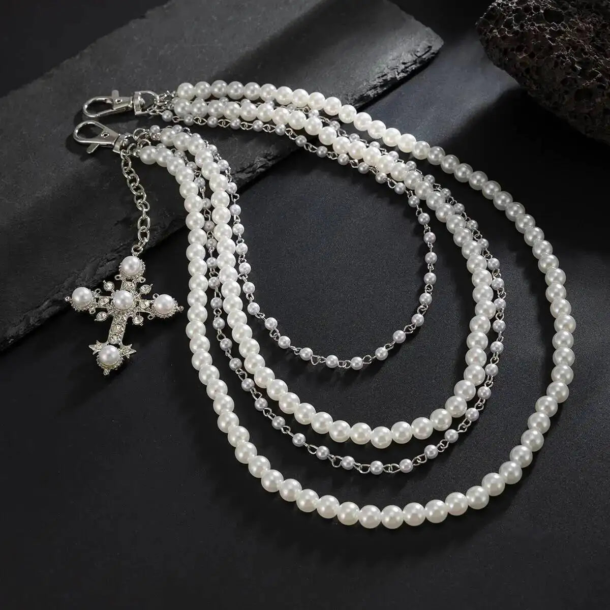 Men's Hip Hop Trend Exquisite Multilayer Imitation Pearl Keychain Cross Pendant Wallet Belt Chain Jewelry Accessory