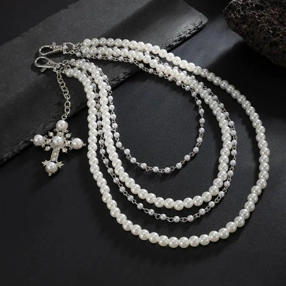 Men's Hip Hop Trend Exquisite Multilayer Imitation Pearl Keychain Cross Pendant Wallet Belt Chain Jewelry Accessory