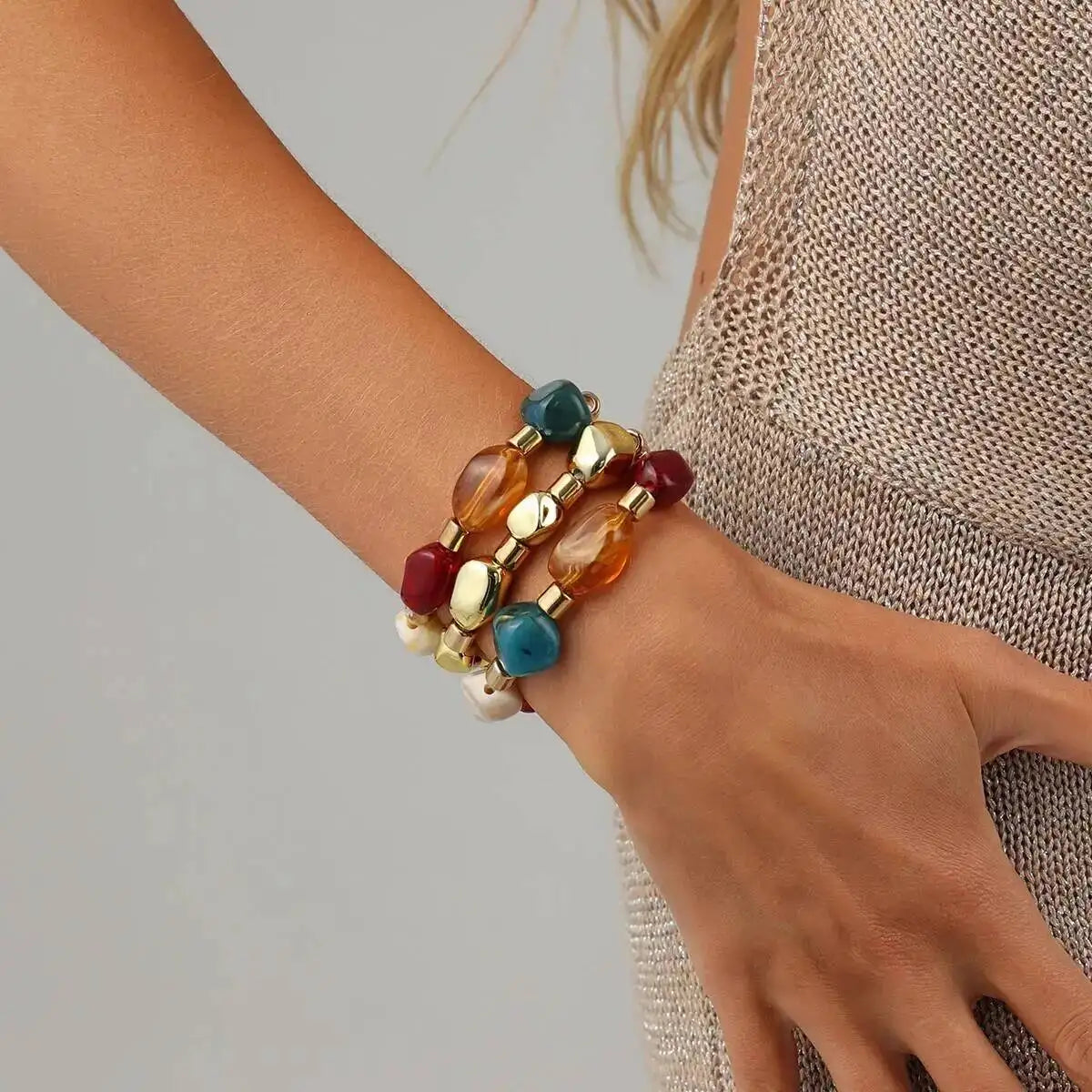 Ingemark 3Pcs/Set Y2K Boho Acrylic Resin Beaded Bracelet for Women Vintage Splicing Stacked Elastic Bangle Baroque Charm Jewelry