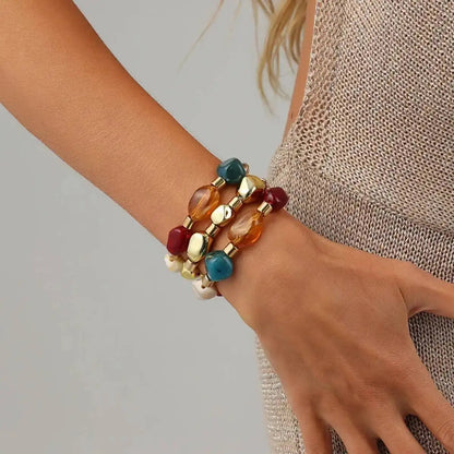 Ingemark 3Pcs/Set Y2K Boho Acrylic Resin Beaded Bracelet for Women Vintage Splicing Stacked Elastic Bangle Baroque Charm Jewelry