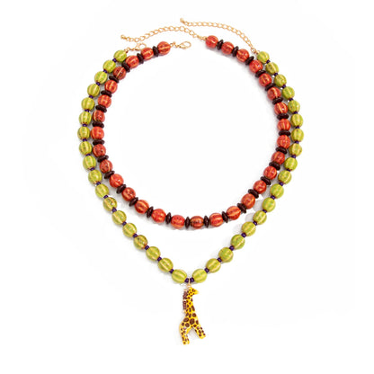 Ingemark 2Pcs/Set Trendy Red Greend Ceramics Beaded Chokers Necklace Women Vintage Stacked Giraffe Pendant Necklace Boho Jewelry