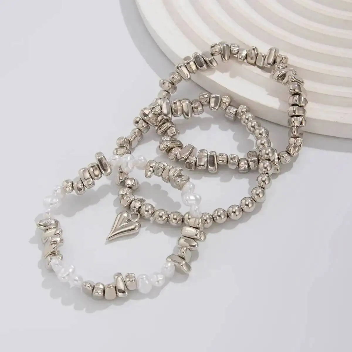 3pcs/set Fashion Irregular CCB Beads Chain Heart Pendant Bracelet Women Vintage Imitation Pearl Bangle Jewelry Gift