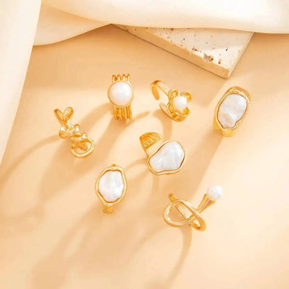 Ingemark 7 Pcs Baroque Imitation Pearl Open Rings Set for Women Elegant Irregular Stackable Adjustable Finger Ring Jewelry Gift