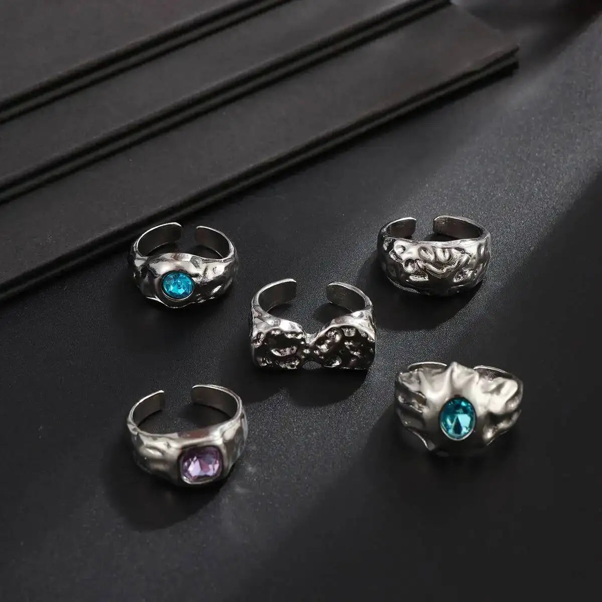 Ingemark 5 Pcs/Set Punk Colorful Acrylic Rhinestone Adjustable Open Ring for Men Hip Hop Retro Geometry Chunky Ring Male Jewelry