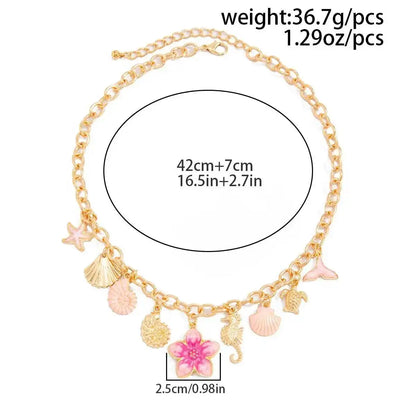Ingemark Exquisite Pink Starfish Conch Flower Pendant Necklaces Women Summer Beach Adjustable Chain Choker Holiday Jewelry Gifts