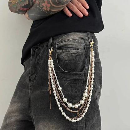 Exquisite Luxury Imitation Pearl Trousers Hipster Pant Jean Keychain for Men Punk Trousers Jeans Keyring HipHop Jewelry