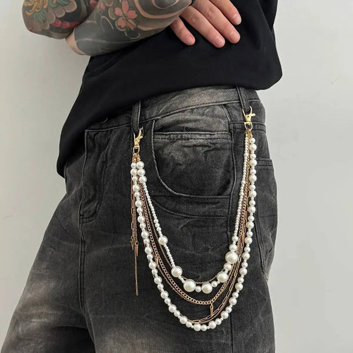 Exquisite Luxury Imitation Pearl Trousers Hipster Pant Jean Keychain for Men Punk Trousers Jeans Keyring HipHop Jewelry