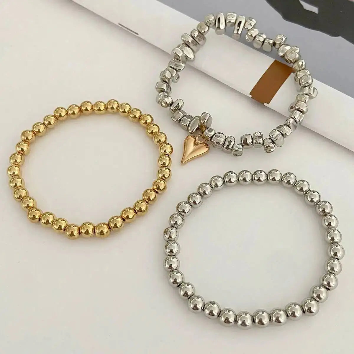 3pcs/set Fashion Irregular CCB Beads Chain Heart Pendant Bracelet Women Vintage Imitation Pearl Bangle Jewelry Gift