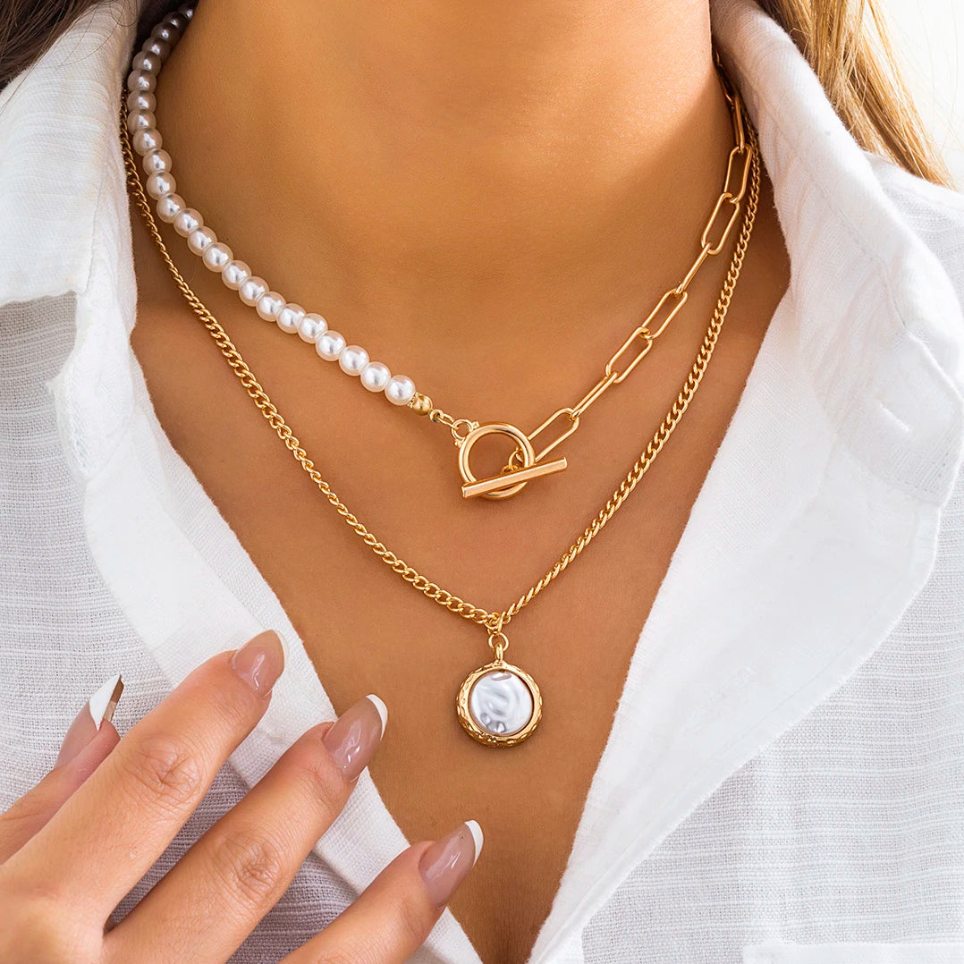 Ingemark Vintage Imitation-Pearl Heart OT Buckle Pendant Necklace Women Wedding Bridal Bead Chain Neck Accessories Jewelry New