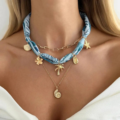 Ingemark 3Pcs/Set Boho Scarf Ribbon Choker Necklace Women Vintage Cross Sun Flower Starfish Conch Coconut Tree Pendant Necklace