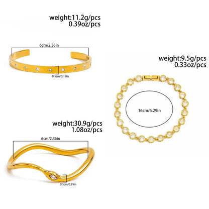 Ingemark Luxury 18K Gold Plated Stainless Steel Bracelets for Women Shiny Zircon Stackable Cuff Open Bangle Waterproof Jewelry