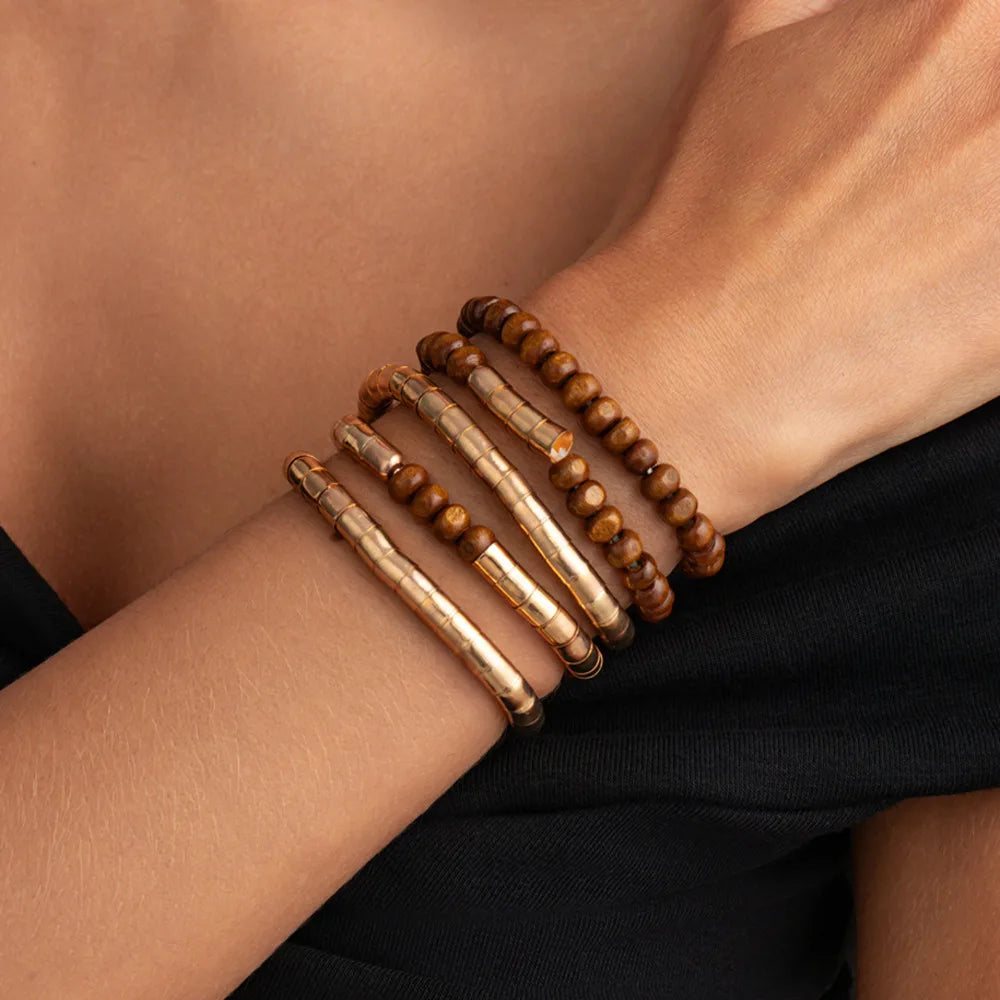 Ingemark 5 Pcs/Set Vintage Wood Beaded Elastic Bracelet for Women Classic Layering Bracelets Charm Bangles Hand Jewelry Gifts