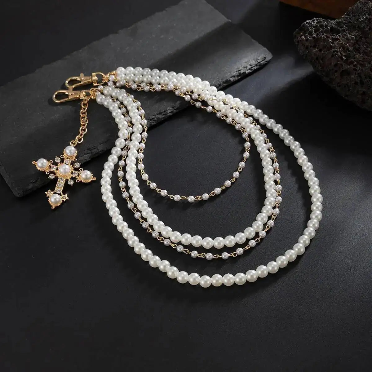 Men's Hip Hop Trend Exquisite Multilayer Imitation Pearl Keychain Cross Pendant Wallet Belt Chain Jewelry Accessory