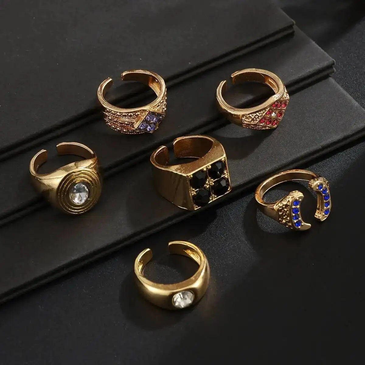 Ingemark 6 Pcs Hip Hop Colorful Rhinestones Adjustable Open Rings Set for Men Punk Retro Irregular Stackable Chunky Finger Ring