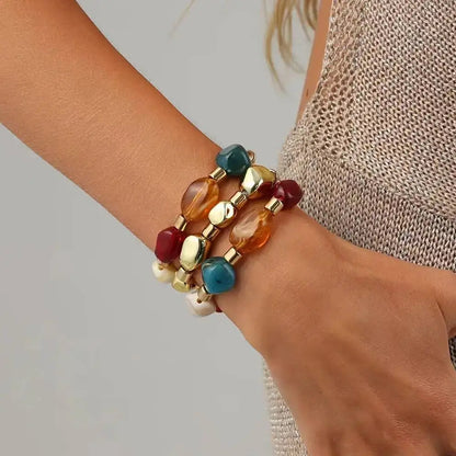 Ingemark 3Pcs/Set Y2K Boho Acrylic Resin Beaded Bracelet for Women Vintage Splicing Stacked Elastic Bangle Baroque Charm Jewelry