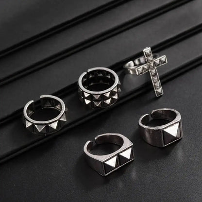 Ingemark 5 Pcs Gothic Punk Cross Chunky Open Rings Set for Men Hip-Hop Rivets Stackable Adjustable Knuckle Rings Finger Jewelry