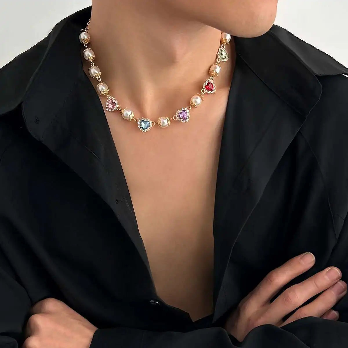 Ingemark Multilayer Rhinestone Love Heart Imitation Pearl Chain Necklace Women Creative Jesus Cross Pendant Choker Y2K Jewelry