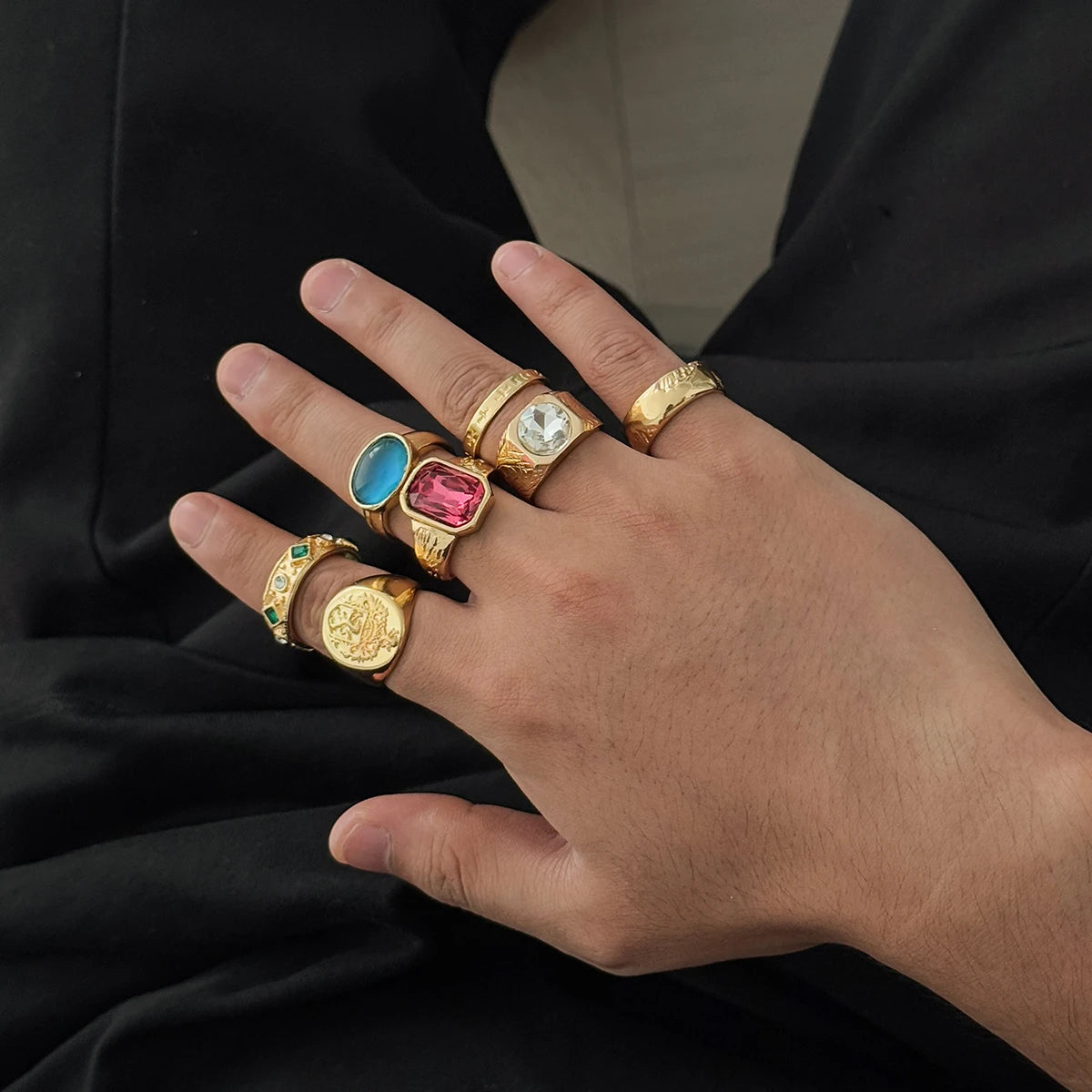 Ingemark 7Pcs/Set Luxury Inlay Acrylic Rhinestone Open Rings for Men Punk Gold Color Metal Adjustable Ring Jewelry Accessories
