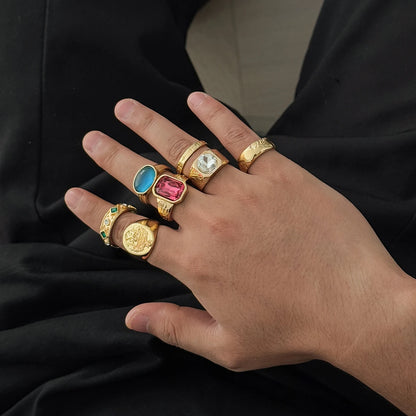 Ingemark 7Pcs/Set Luxury Inlay Acrylic Rhinestone Open Rings for Men Punk Gold Color Metal Adjustable Ring Jewelry Accessories