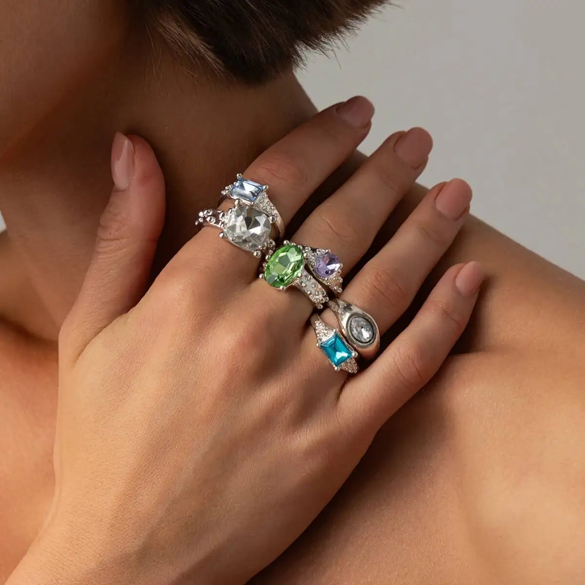 Ingemark 6 Pcs/Set Personality Acrylic Rhinestone Adjustable Open Rings for Women Vintage Stackable Finger Rings Hip Hop Jewelry