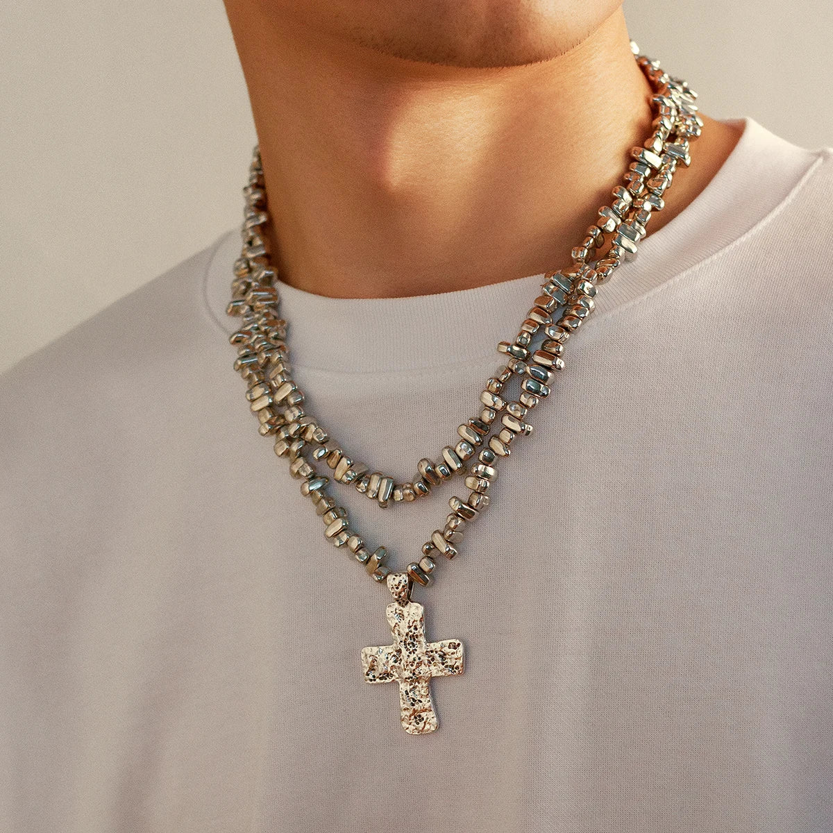 Ingemark 2Pcs/Set Creative Irregular CCB Beads Chain for Men Trendy Goth Cross Jesus Pendant Choker Grunge Jewelry Steampunk New