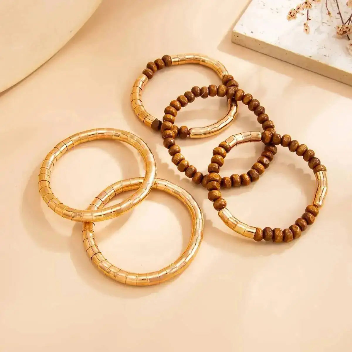 Ingemark 5 Pcs/Set Vintage Wood Beaded Elastic Bracelet for Women Classic Layering Bracelets Charm Bangles Hand Jewelry Gifts