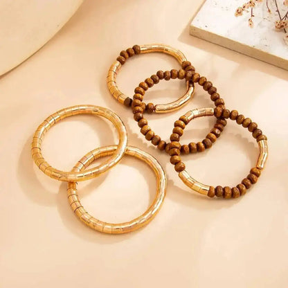 Ingemark 5 Pcs/Set Vintage Wood Beaded Elastic Bracelet for Women Classic Layering Bracelets Charm Bangles Hand Jewelry Gifts