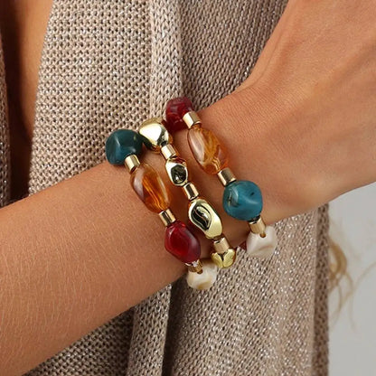 Ingemark 3Pcs/Set Y2K Boho Acrylic Resin Beaded Bracelet for Women Vintage Splicing Stacked Elastic Bangle Baroque Charm Jewelry