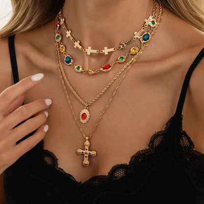 Ingemark 4Pcs/Set Luxury Inlay Colorful Rhinestone Cross Pendant Necklace Women Exquisite Multiple Layers Stackable Y2K Jewelry