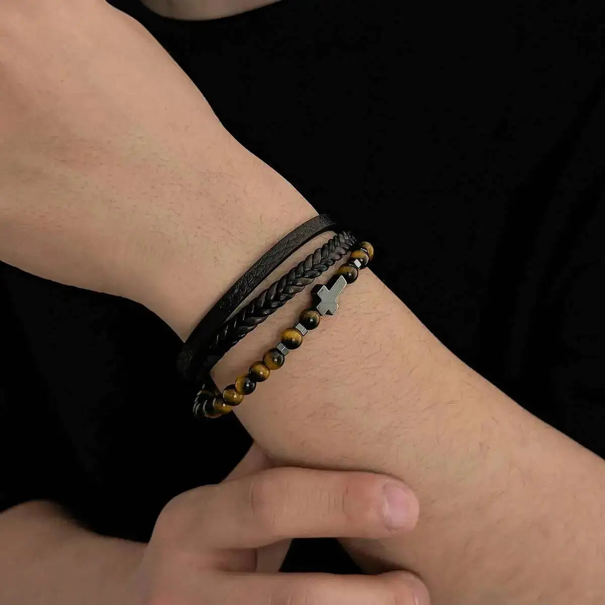 Ingemark Vintage Multi Layer Woven Wide Leather Bracelet for Men Trend Goth Stainless Steel Cross Charm Bangle Male Hand Jewelry