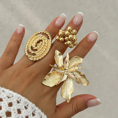 Ingemark Unique Exaggerated Large Petal Flower Rings for Women Vintage Geometric Adjustable Finger Ring Grunge Jewelry Steampunk