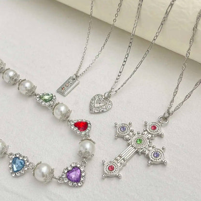 Ingemark Multilayer Rhinestone Love Heart Imitation Pearl Chain Necklace Women Creative Jesus Cross Pendant Choker Y2K Jewelry