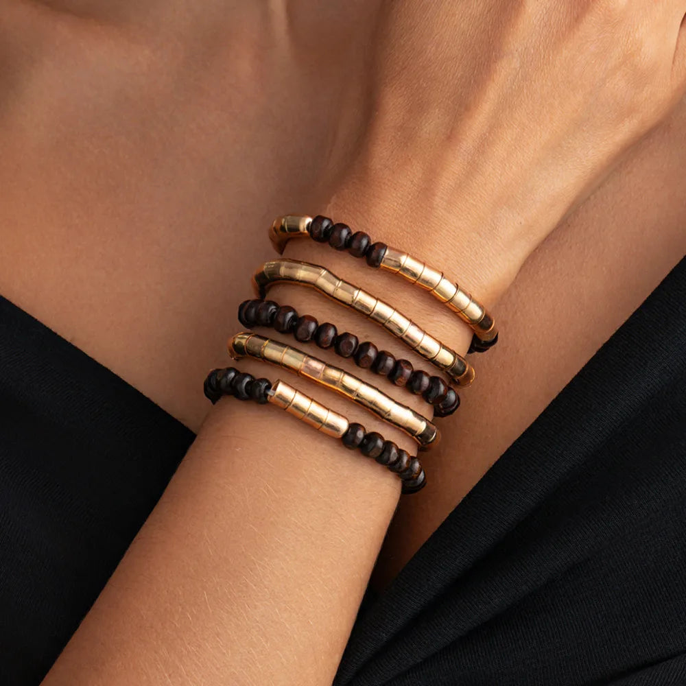 Ingemark 5 Pcs/Set Vintage Wood Beaded Elastic Bracelet for Women Classic Layering Bracelets Charm Bangles Hand Jewelry Gifts