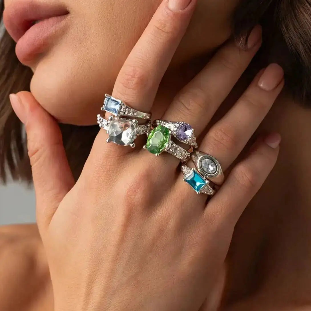 Ingemark 6 Pcs/Set Personality Acrylic Rhinestone Adjustable Open Rings for Women Vintage Stackable Finger Rings Hip Hop Jewelry