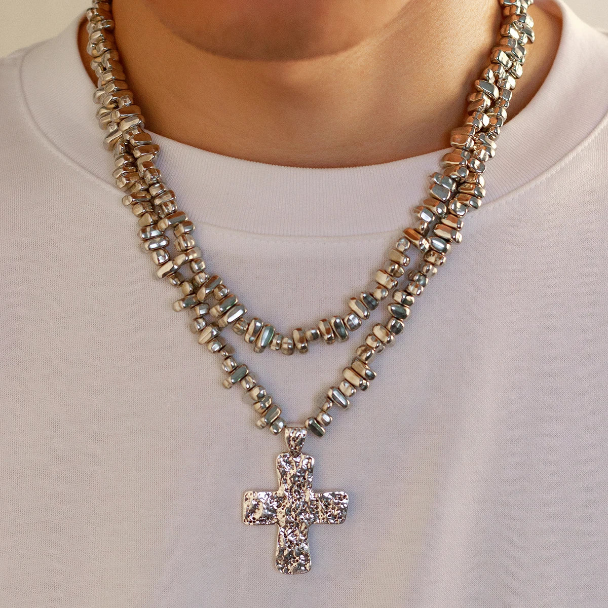 Ingemark 2Pcs/Set Creative Irregular CCB Beads Chain for Men Trendy Goth Cross Jesus Pendant Choker Grunge Jewelry Steampunk New