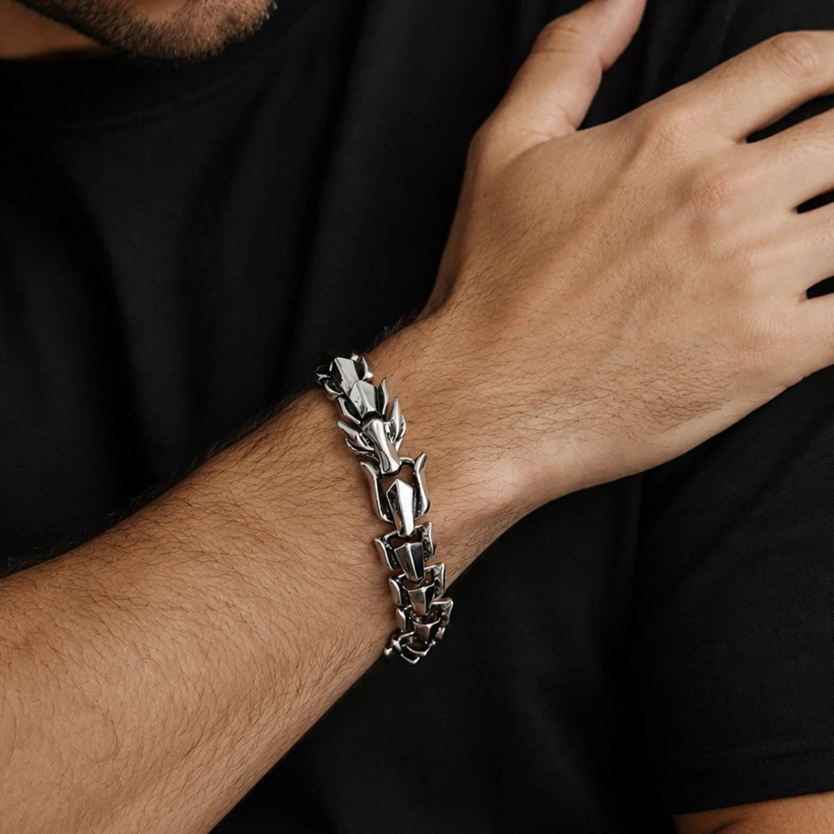Ingemark Punk Style Keel Dragon Chunky Bracelet for Men Personality Gothic Silver Color Metal Open Bangles Jewelry Accessories